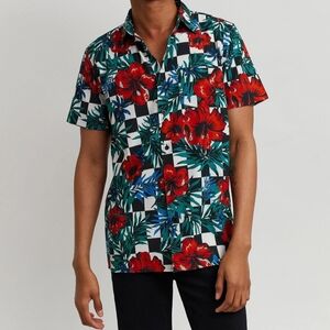 Reason Brand Vibrant Floral Checkered Button Down Shirt NWT Size XL BI2873